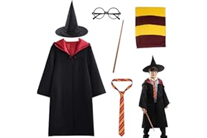 WELLXUNK Magier Robe, Gry-ffindor Uniform, Halloween Zauberer Kostüm, Zauberroben für Kinder, inklusive Umhang Brille Zauberhut Schal Krawatte Zauberstab, für Karneval Halloween Cosplay