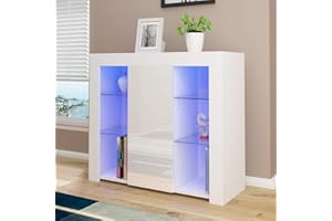Panana Sideboard Cupboard Unit 4 Glass Shelves Cabinet RGB LED Lighted (White)