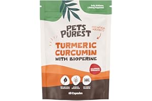 Pets Purest 100% Natural Premium Turmeric For Dogs 10,000mg with Active Bioperine Cats, Horses & Pets Powerful Antioxidant Supplement For Joints & Hips 60 capsules