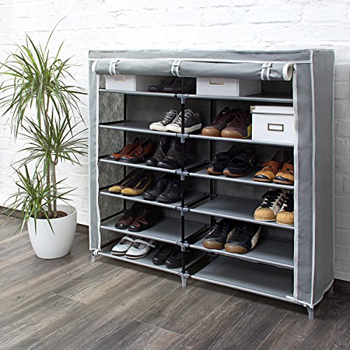 Relaxdays Schuhschrank VALENTIN breit HxBxT: 108,5 x 114 x 30,5cm Schuhregal mit 7 Ablagen für 36 Paar Schuhe aus Vlies mit Stoffbezug Stoffregal für staubfreie Lagerung dank Reißverschluss, anthrazit - 2