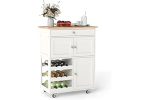 GIANTEX Mobilny wózek kuchenny, wielofunkcyjny wózek z szufladą, 2 szafki i 3-warstwowy stojak na wino do jadalni, salonu, 67 x 37 x 86 cm (biały)