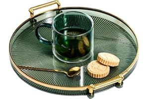 MYMM 10.6" Round Decorative Tray with Handle, Modern Vanity Tray & Ottoman Serving Tray, Coffee Table, Kitchen & Bathroom for Coffee, Breakfast, Food & Beverages (Dark Green)