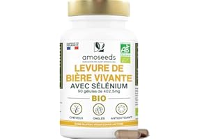 AMOSEEDS Levure de Bière Active BIO | Cheveux et Ongles | Levure Vivante, 1200mg / jour, Sans Gluten | Enrichie en Sélénium | 90 gélules vegan | Fabriqué en France | Qualité Supérieure