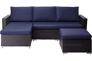 Teamson Home 3 Piezas, Muebles del Exterior y Jardín, Juego de Sofá Seccional de Mimbre de Ratán con Sofá de Dos Plazas, Diván, Mesa y Cojines, Marrón/Azul