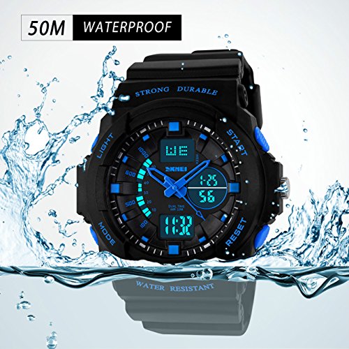 Kinderuhr-Jungen-Mdchen-Sport-Armbanduhr-Digital-Analog-50M-Wasserdicht-Wecker-Dual-Display-Zeitzone-Datum-Uhr-Chronograph-Multifunktion-Outdoor-Stoppuhr-mit-Schwarz-Gummiband