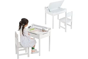 LIFEZEAL Juego de Mesa y Silla Infantil, pupitre Escolar con Silla y cajón, Escritorio con Tablero Plegable y portarrollos de Papel, Conjunto de pupitre para niños de 3 a 12 años (Blanco.)