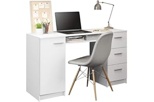 Madesa Mesa de Escritorio Ordenador con 3 cajones, 1 Puerta y 1 Estante, Mesa Moderna de Estudio para Oficina en Casa, 136 x 45 x 76 cm, Madera - Blanco