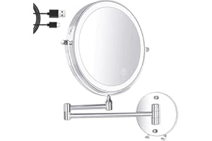 Amelar Specchio da trucco da parete da 20,3 cm, ricaricabile tramite USB, 3 luci di colore, specchio ingranditore 1x/10x, interruttore tattile, spegnimento intelligente a 360°, specchio di cortesia