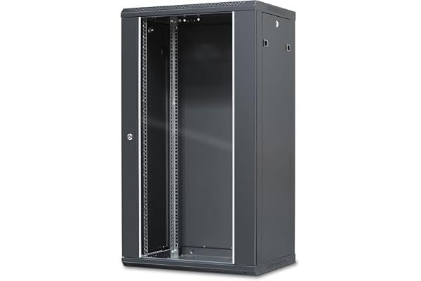 WAYTEX 37406M Coffret Armoire Réseau 19 Pouces 22U – L 600 x P 450 x H 1082mm – Mural ou posé sur Pieds Fournis - Porte vitrée à Serrure - Couleur Noir – Livré Monte