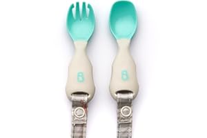 BIBaDO - Handi Toddler Cutlery Set, Food Safe Baby Cutlery, Toddler Fork and Spoon Set, Toddler Eating Utensils for Babies 6 Months and Up, Also Attaches to BIBaDO Coverall Bib - Woodland Friends