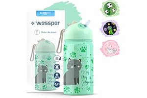 Wessper Bidon dla Dzieci ze Słomką 410 ml, Butelka na wodę ze Stali Nierdzewnej, Szczelny, Lekki jak Piórko | Zamknięcie na 1 Klik, bez BPA, do Przedszkola lub Szkoły – Miętowy z Wzorem Kota
