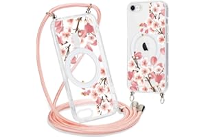 Yoedge Magnetisch Handyhülle Handykette für iPhone 8/iPhone 7/iPhoneSE 2020/SE 2022 4,7" Hülle mit Band, Transparent Case Kompatibel mit Magsafe, Silikon TPU Stoßfest Schutzhülle mit Muster Blumen5