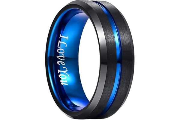 NUNCAD 4/6/8/10mm Bague en Tungstène, Noir Rainure Bleu, Graver I love you, pour Homme Femme Couple Promesse Mariage Cadeau