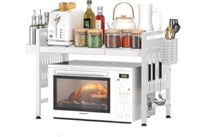 Shally Dogan Scaffalatura Estensibile Allungabile Porta Microonde in acciaio con Ripiano, Mensola Organizer con Portaspezie e Portaposate da Cucina, Mobiletto con Piedini Antiscivolo (Bianco)