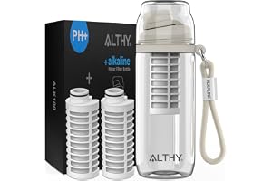 ALTHY Alkalisk vattenfilterflaska, alkaliskt vatten till pH 9,5, tillsatta mineraler och elektrolyter, alkaliserings- och filtreringssystem, BPA-fri, 500 ml, 3 filter ingår