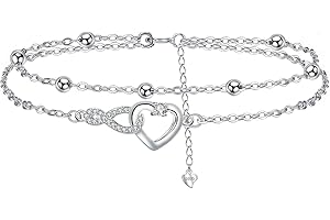 Arrebol Cavigliera Donna Argento 925 Doppia Catena con Perline Estate Spiaggia Catena Piedi - Anallergica Regolabile [22+4cm]