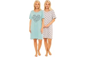SUZY & ME Womens Pack of 2 Short Sleeved 100% Cotton Jersey Nightshirts. Butterfly, Heart, Stag, Bee, Campervan Print Designs