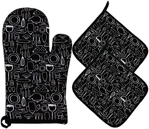 100% Cotton Kitchen Everyday Basic Terry Heat Resistant Coaster 1 Oven Mitt & 2 Pot Holder Set For Cooking And Baking 20x20 Cm Black