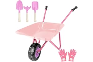 YORFULL Carretilla Niño, Kit de Jardinería Niños con Carretilla de Metal, Pala, Rastrillo de Jardín y Guantes de Jardinería Infantiles, Herramientas de Jardinería Juegos para Infantiles