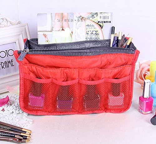 Feikai Practical Expandable 13 Pocket Nylon Dual Handbag Insert Large Purse Makeup Organizer Pouch Tidy &amp; Neat Cosmetic Storage Toiletry Overnight Bag with Handles for Outdoor Sports Travel Red