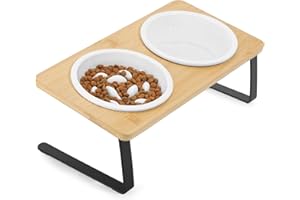 PETTOM Gamelle Anti Glouton Chat Céramique, 2 Bols Chat Surélevée Anti Vomissement, Gamelle pour Chats 15°Incliné avec Support Bambou, Bol pour Chaton Alimentation Lente