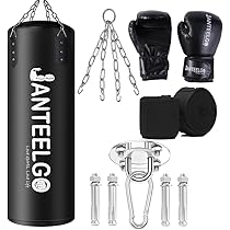 SFEEXUN Sacco da boxe per uomo, donna, giovani, adolescenti, sacco da boxe per interni e giardino, set di sacco pesante non riempito con guanti da boxe, catena, gancio da soffitto per MMA