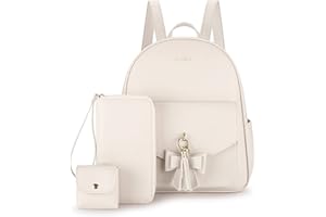 ECOSUSI Mini Zaino Donna Pelle Zainetto Piccolo Casual Impermeabile Elegante Borsa da Viaggio a Tracolla Ragazza Set di Cute Bowknot Nappa Satchel 3 Pezzi，Beige
