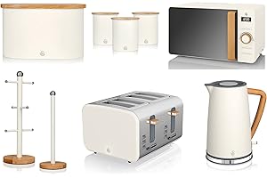 Swan Products Ltd Nordic 9 Piece Kitchen Set in Cotton White Including 1.7L Jug Kettle, 4 Slice Toaster, 800W 20L Microwave, Bread Bin, Tea, Coffee, Sugar Canisters, Mug Tree & Towel Pole