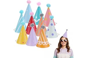 Aeaocvo 10 PCS Birthday Party Hats for Kids Adults, Colorful Cone Hat Decorations with Pom Poms for Toddler Girls Boys Baby Shower, Fun Party, Photo Props, Memorable Celebrations