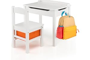 COSTWAY Barnbord med stol, skrivbord i massivt trä med vikbar bordsskiva, låda och krok, aktivitetsbord, barnstolsgrupp med förvaringsram för barn från 3 år