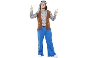 Funidelia Disfraz de Hippie para Hombre con camiseta, chaleco, pantalón y cinta, Traje de Años 60 para Adulto Décadas, Disfraces de Carnaval, Halloween y Despedidas – Talla 4XL