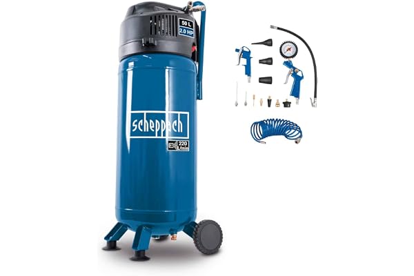 Scheppach Compresseur vertical portatif HC51V – Moteur puissant 1500 W – Sans huile – Cuve de 50 L – 10 bar – aspiration 220 L/min – Tuyau de 8 m + 13 accessoires inclus