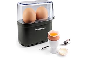 GOURMETmaxx Cuociuova di design per 2 uova | scaldauova compatto | cuociuova con foratore, misurino e segnale acustico | 3 gradi di durezza | pulizia facile e parti lavabili in lavastoviglie