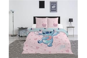 Aymax Parure da letto matrimoniale Stitch, rosa, 2 persone, copripiumino reversibile 240 x 220 cm + 2 federe 65 x 65 cm, in policotone