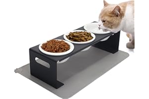 AWEKER Raised Feeding Station Set of 3 Cat Bowls Raised Set of 3 Ceramic Feeding Bowls Cat with Metal Stand, 3 Cat Bowl Set for Cats Dogs Puppy Food and Water