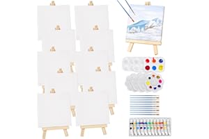Sheryl&Rain 49Pcs Mini Canvas and Easel Set, Small Canvas Painting Set with 12 Acrylic Paint/10 Paintbrushe/7 Palette, Wooden Mini Easel for Painting, Artist (Canva 10 x 10 cm | Easels 8 x 15 cm)