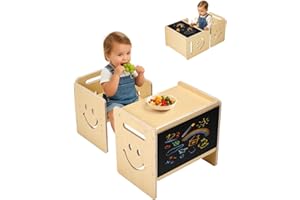VEVOR Set Tavolo e Sedia per lo Svezzamento, Set Tavolo e Sedia in Legno per Bambini 424 x 300 x 385 mm, Sgabello Regolabile Altezza 345 mm, Seggiola per Leggere, Mangiare, Legno Naturale