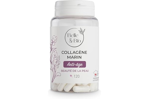 ANTI-ÂGE & TONICITÉ DE LA PEAU - Collagène Marin 90% protéines actives - Vitamines C et E et SELENIUM - 120 gélules - Cure 1 mois - Complément Alimentaire BELLE&BIO - Fabriqué en France