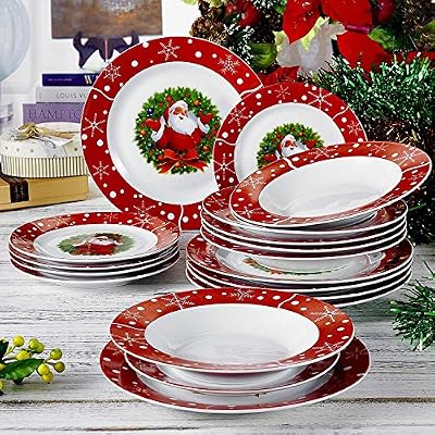 veweet SANTACLAUS, 18 Pièces de Plates, 6 assietes Plates, 6 Assiettes Creuses, 6 Assiettes à Dessert, en Porcelain
