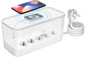 BEVA Listwa zasilająca z 5 gniazdami na kable, wielokrotne gniazdko z bezprzewodową ładowarką, szybkie ładowanie 30 W i 3 USB, zarządzanie kablami, organizer na biurko, organizer na kable, 2500 W/10