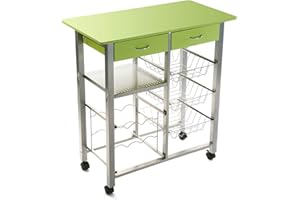 Versa Leicester Carro de Cocina con Ruedas, cajones y botellero, Verdulero con despensa y organizadores, Almacenaje de Cocina, Medidas (Al x L x An) 82 x 40 x 76 cm, Madera y Metal, Color Verde