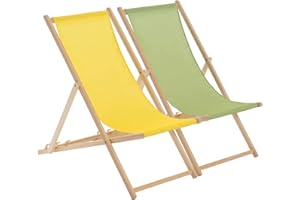 Harbour Housewares 2 Piece Yellow & Lime Green Wooden Deck Chair Traditional FSC Wood Folding Adjustable Garden/Beach Sun Lounger Recliner