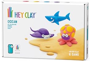 Hey Clay Ocean: Hai, Krake, Stachelrochen Set – Bunte Modellierung Kinder – Lufttrocknen Ton Kit 6 Dosen mit Spaß Interaktive Anleitung App