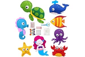 BSTCAR 8 x dziecięce stworzenia morskie z filcu, syreny, żółwie, wieloryby, kalmary, kraby, rozgwiazdy, koniki morskie, tropikalne ryby, rękodzieło artystyczne, zestaw filcowy z narzędziami do szycia