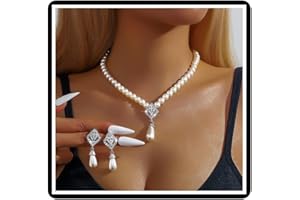 DISHOWME Hochzeits-Perlen-Blumen-Halsketten-Set Brautkristall weiße Kunstperlen Anhänger Halskette Ohrringe Blumen-Strass Kunstperlen Kettenschmuck für Frauen Braut Brautjungfer