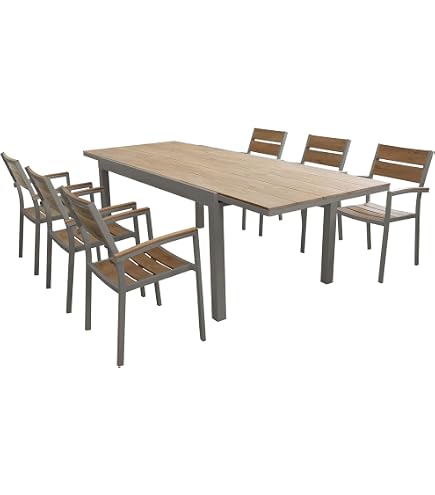 Set Da Pranzo Da Giardino 7 Pezzi In Alluminio Marrone – Tavolo E 6 Sedie Vintage Con Cuscini Imbottiti, Foro Ombrellone
