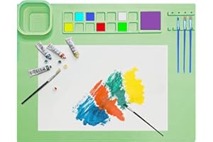 TENQUAN Silicone Painting Mat 20"x16" Silicone Craft Mat with Removable Cup Paint Tray Brush Holder Collapsible Art Mat for Crafting Drawing Cutting Beading DIY Handmade Art(Green)