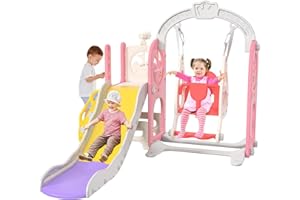 BHFFTHK Scivolo per bambini 6 in 1 con altalena, scivolo con altalena regolabile in altezza, cestino da basket, scala, telescopio, area giochi interna ed esterna, carico max. 35 kg, rosa (6 in 1 rosa)