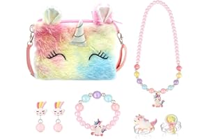 LEBKFT 9 Pcs Unicorn Jewelry Set for Girls, Unicorn Gifts for Girls Ages 3-8 with Plush Crossbody Bag Necklace Bracelet Earrings Rings Pink Birthday Presents for 4 5 6 Year Old Girl