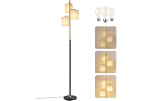 ‎VASAGLE VASAGLE Stehleuchte, Standleuchte, Stehlampe mit 3 Glühbirnen, verstellbare Helligkeit, modern, Lampenschirm aus Stoff, 3 E27 Fassungen, gold-schwarz LFL003B02